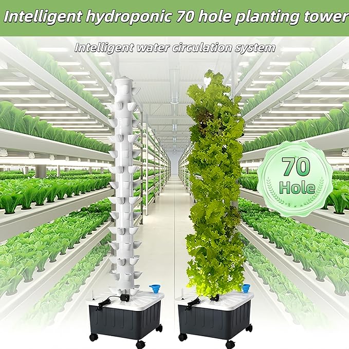 Vertical Hydroponics Growing System,Aeroponic Grow Tower for Herbs, Fruits and Vegetables 14 Layer 70 Plants Sites with Movable Water Tank Hydrating Pump, Timer, Adapter