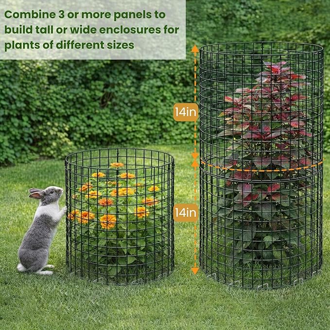 Hacaroa 12 Pack Wire Plant Protectors from Animals, 14"x13.5" Mesh Plant Protection Cage Chicken Wire Cloche, 36 Pcs Pre-Bent Panels, 40 Ground Stakes, 120 Nylon Ties, for Flowers, Shrubs, Dark Green