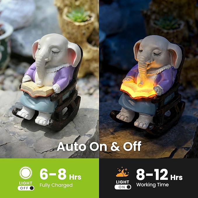 SOWSUN Solar Garden Statue Elephant, Outdoor Decor with Solar Lights for Patio Yard Lawn Balcony, Christmas/Birthday Gift for Mom Grandma Women