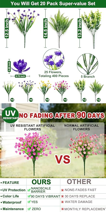 TURNMEON 20 Bundles Artificial Flowers for Outdoors, Spring Grass Camellia Fake Flowers Fern Plants Eucalyptus, UV Resistant No Fade Faux Greenery for Gardens Cemetery Summer Decor(Mixed 6 Styles 2)