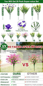 TURNMEON 20 Bundles Artificial Flowers for Outdoors, Spring Grass Camellia Fake Flowers Fern Plants Eucalyptus, UV Resistant No Fade Faux Greenery for Gardens Cemetery Summer Decor(Mixed 6 Styles 2)