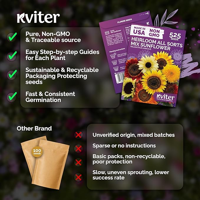 KVITER 525 All Sorts Mix Sunflower Seeds (Helianthus Annuus) – Colorful Common Sunflower Mix, Flower Seed Packets - Annual Flower Seeds for Outdoor Garden & Borders, Ideal for Fresh Cut Flowers
