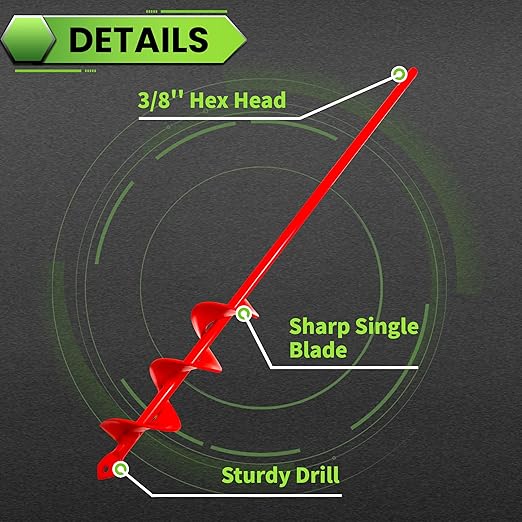 Red Garden Auger Drill Bit for Planting, 1.6"x16.5" Post Hole Digger & Bulb Planter Tool, Fits 3/8" Hex Drive Drill, for Seeds, Flowers, Tree Roots, Fence Posts and so on