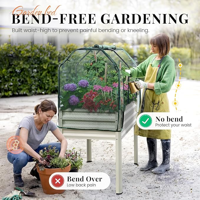 King Bird Large Raised Garden Bed with Netting Galvanized Elevated Planter Box with Legs 48×24×56 in for Backyard, Patio, Balcony, 400lb Capacity, Beige