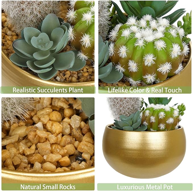 Oairse Artificial Cactus Plants Indoor, 7" Assorted Small Faux Succulent in Pots Fake Potted Desk Plant with Gold Bowl Mini Succulents Artificial Cactus Decor for Home Office Bathroom Table Shelf