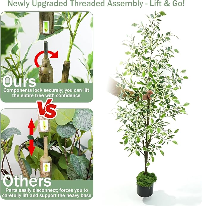 Caxchiling Fake Ficus Tree 6FT,Artificial Floor Plants for Indoor Outdoor, Lifelike Potted Tree with Moss Topper and Cotton Basket, Home Office Living Room Bedroom Doorway Decor (White-Edged Leaves)