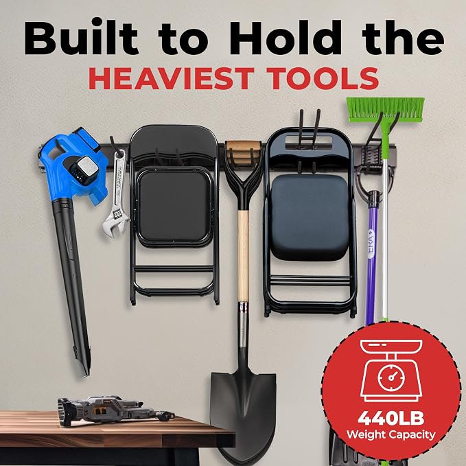 NINE FORTY Garage Tool Organizer Wall Mount - 49.5 Inches, 16" Stud Spacing, 440 LBS. Sturdy Rubber Coated Garden Tool Organizer and Storage Rack with Adjustable Hooks
