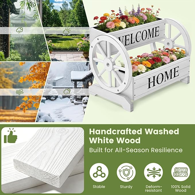 2-Tier Wooden Wagon Planter Box, Extra Large Decorative Flower Cart with Wheels, Washed White Rustic Wood Planter with Drainage Holes & Non-Woven Liner, Raised Bed for Flowers Herbs Vegetables