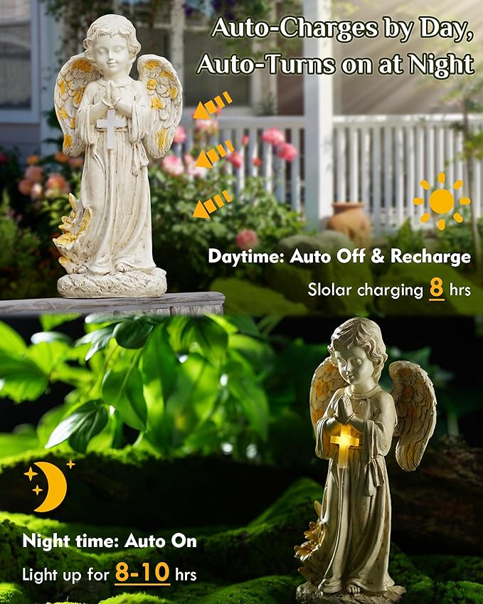Solar Angel Statues for Outside, 12" Garden Solar Angel Figurines w/Lighted Cross, Guardian Angel for Cemetery, Yard, Pathway, Lawn Decor, Memorial Gardens Gifts for Mom Grandma Women