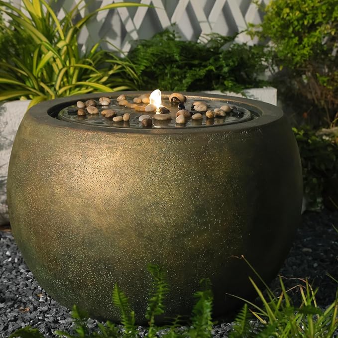 Tankana Garden Water Fountain Outdoor Large Round Bubbler Water Feature Indoor with Lights & Pump and Pebbles Concrete Effect for Patio Pool Pond Yard Home Decor Gold, 25 "L X 25" W X 17.5" H