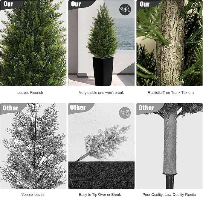 4FT Tall 2 Pack Artificial Cedar Topiary Trees with Compact Pyramidal Shape, Realistic Faux Cypress in Square Black Pot with Fillable Water Bag, Outdoor Evergreen for Front Porch Garden Home Decor