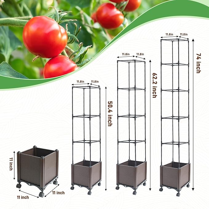 Quibbay Raised Garden Bed Planter Box with Trellis, 62.2" Self-Watering Tomato Planters for Climbing Plants Vine Flowers Outdoor Patio, Tomatoes Cage with Trellis Wheels for Outdoor, 1Pack
