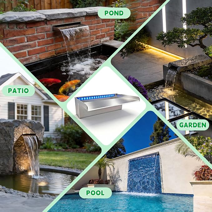 LONGRUN Stainless Steel Waterfall Spillway, APP Control Multi-Color LED Light Outdoor Pool Fountain, Water Spillway Koi Pond Waterfalls Fountains Kit for Garden Patio Swimming Pool Decoration-23.6"