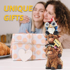 Garden Gnomes Outdoor Statue: 11'' Highland Cow Decor with Welcome Sign Funny Triple Yard Decorations with Solar Light Unique Birthday Gifts for Women Mother Grandma