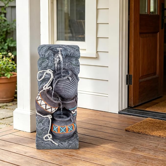 24.4" H Water Fountains Outdoor Indoor, Garden Fountains,Rustic Stacked Pot Waterfall Fountain with LED, Floor-Standing Water Feature for Patios Porch Backyards