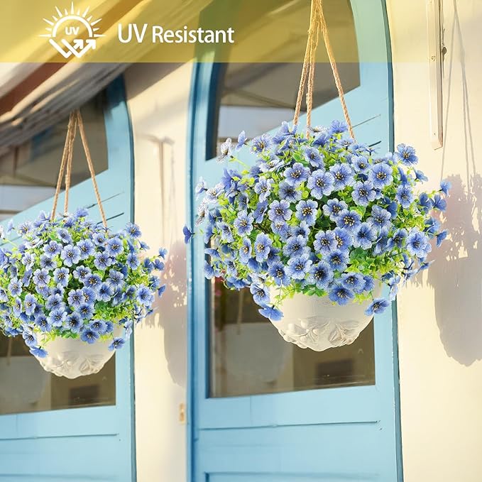 ATTGREAT Artificial Flowers Outdoor Faux Plants UV Resistant Fake Patio Flowers Plastic Greenery Plnats Outside Bulk for Spring Garden Hanging Planter Home Vase Decor, 24 Bundles (Blue)