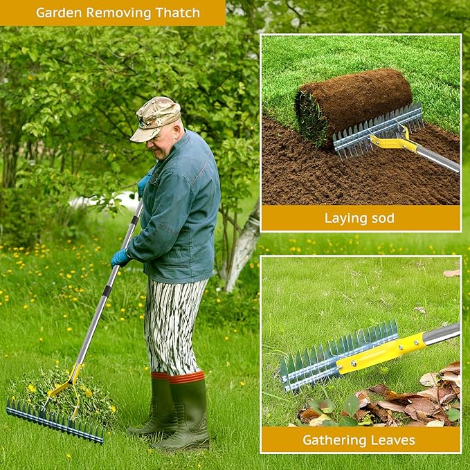 Thatch Rake, 15-Inch Steel Lawn Dethatcher with Handle, Heavy Duty Grass Cleaning Tool for Dead Grass and Soil Loosening, Versatile Yard and Garden Grooming (Black+Metallic Silver)