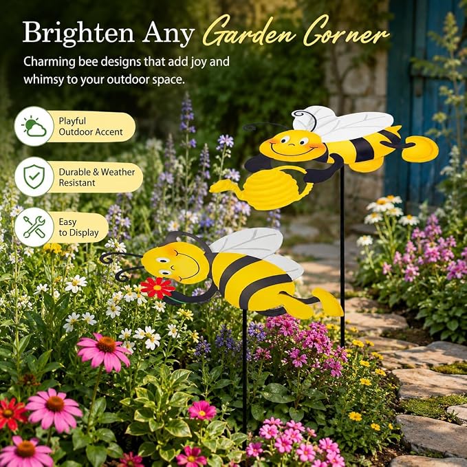 2 Pack Metal Bee Plant Umbrellas for Outdoor Plants, 24.6 Inch Decorative Plant Shade Cover, Cute Bee Garden Stakes Outdoor for Small Potted Plants, Flower Pots, Planters, Patio Porch Decor