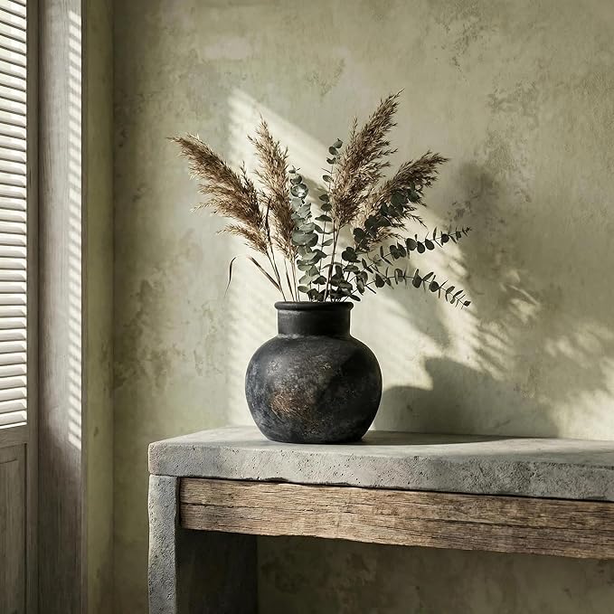 Farmhouse Table Vase, 5.7 Inch Bronze Ceramic Pot, Rustic Boho Terracotta Decor for Shelf, Mantel, Bookshelf, Living Room, Handmade Aged Look Centerpiece