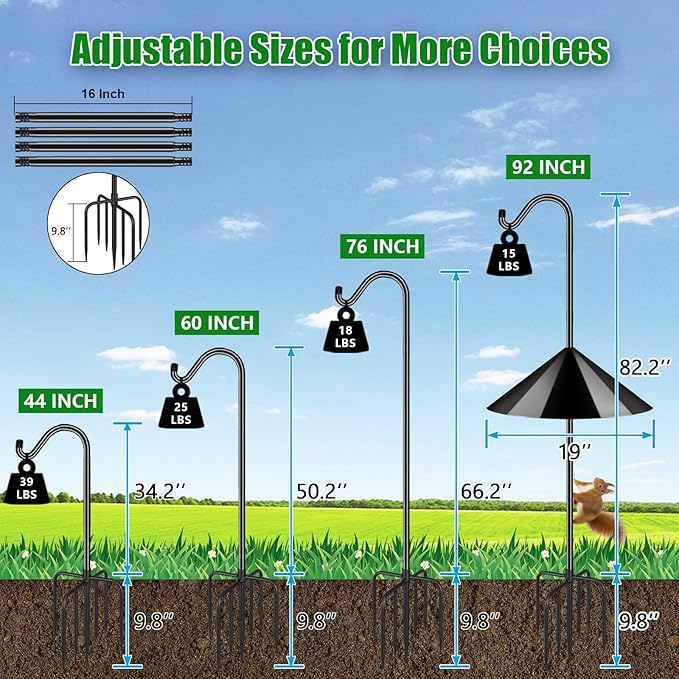 FEED GARDEN 92’’ Bird Feeder Pole Squirrel Proof 1 Pack, Adjustable Tall Shepherds Hooks for Outdoor with 7 Prongs Base, Heavy Duty Shepherd Hook with Baffles, Pole for Bird Feeder, Plant Baskets
