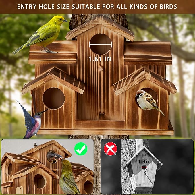 Bird House for Outside 5 Hole Bird Houses Room for 5 Bird Families Large Bird House for Garden/Courtyard/Backyard for Garden Decor-Finch Bluebird Cardinals Handmade Wooden Hummingbird House