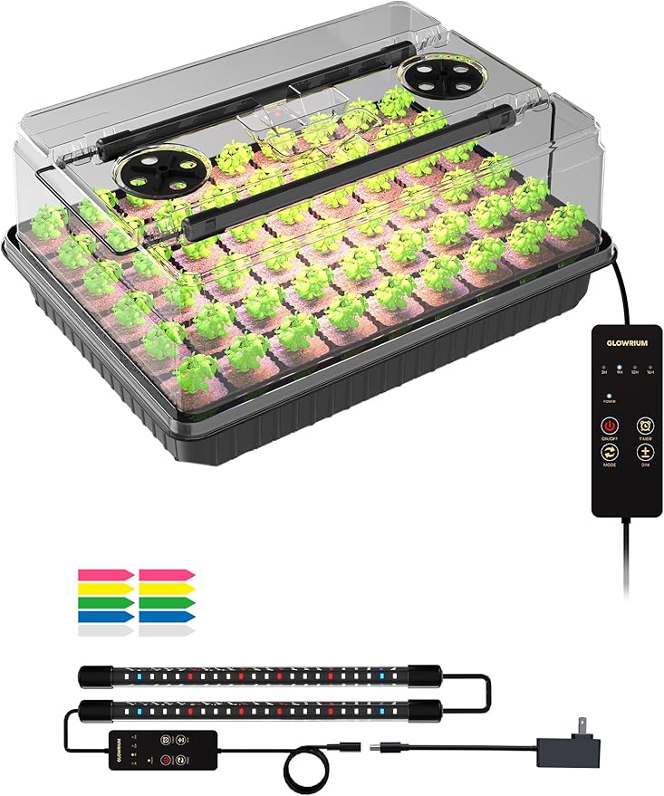 GLOWRIUM Seed Starter Tray with Full Spectrum Grow Light,54-Cell Seed Starter Kit with Humidity Dome,6-Setting Auto Timer,Adjustable Brightness Indoor Seedling Starter Tray for Indoor Plant (1-Pack)
