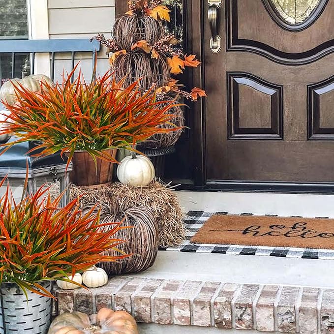 12 Bundles Fake Fall Outdoor Plants Artificial Grass Fall Stems Faux Plastic Fall Shrubs for Home Garden Pathway Window Box Front Porch Cemetery Fall Decor, Autumn Orange