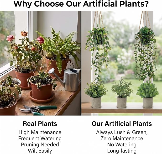 Artificial Hanging Plants 5 Pack – Small Fake Potted Ivy Plants for Indoor or Outdoor Décor, Wall Shelf Home Office Room Decoration, Realistic Faux Plants with Planters