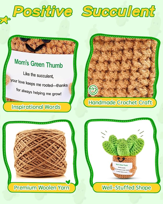 JELUTAR Gifts for Mom Crochet Positive Succulent, Mother's Day Birthday Gifts from Daughter Son for Mom Friends Wife Cute Funny Plant Decors (Mom's Green Thump)