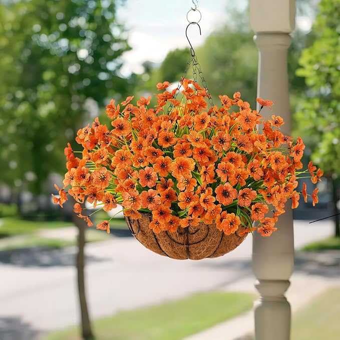 Artificial Fake Plants Flowers for Outdoor Outside Fall Decoration,24 Bundles Faux Silk Orange Daisy in Planter UV Resistant Look Real for Home Front Door Porch Patio Garden Balcony Autumn Decor