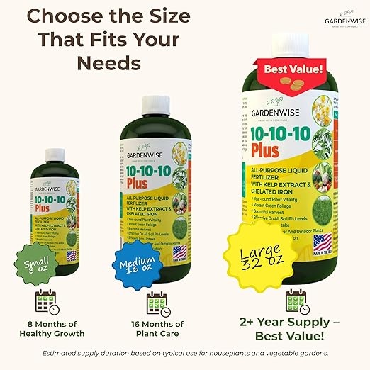 GARDENWISE 10-10-10 All Purpose Plant Food - Liquid Fertilizer with Seaweed Kelp & Iron - Indoor & Outdoor Plant Food, Vegetables, Flowers, Lawn & Garden 1x16 oz