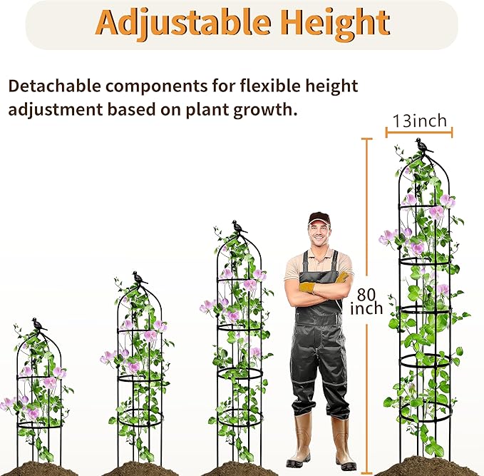 1 Pack Garden Obelisk Trellis for Climbing Plants Outdoor, 6.7FT Adjustable Metal Plant Support with 3 Decorative Tops, Black Rustproof Trellis for Roses, Tomatoes, Clematis & Vines
