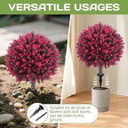 Artificial Red Eucalyptus Topiary Ball Tree 24" with Ground Spike, Set of 2 Artificial Boxwood Bushes for Faux Shrubs, Fake Evergreen Faux Plant for Indoor Outdoor Garden -UV Resistant–Fade-Proof