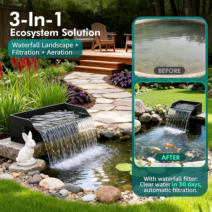 Pond Waterfall Spillway Kit, 8" Pond Waterfall Filter with 660GPH Waterfall Pump & Filter Cage, 10 Ft Corrugated Tubing for Outdoor Garden Ponds, Backyard Water Features