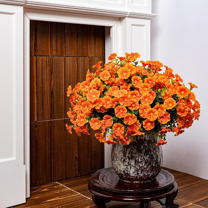 Artificial Faux Flowers for Outdoor 16 Bundles Boxwood Fake Morning Glory for Planter,UV Resistant Fake Flowers for Home Porch Patio Outside（Orange）