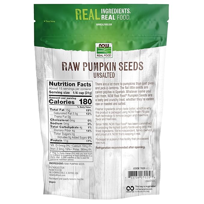 NOW Foods, Pumpkin Seeds, Raw and Unsalted, Essential Fatty Acids, Rich in Iron, Excellent Source of Protein, Certified Non-GMO, 1-Pound (Packaging May Vary)