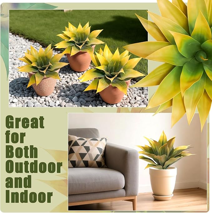 Artificial Agave Plants, Realistic UV Resistant Fake Aesthetic Plants for Outdoor Indoor, Home Decor for Garden, Porch, Doorway, Patio (2PCS, Yellow, Large)