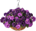 INSPRING Geraniums Artificial Flowers Hanging Basket for Outdoors Outside Spring Decoration, 8 Bundles Silk Flowers Fake Plants Look Real UV Resistant for Porch Home Patio Balcony Yard, Double Purple