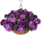 INSPRING Geraniums Artificial Flowers Hanging Basket for Outdoors Outside Spring Decoration, 8 Bundles Silk Flowers Fake Plants Look Real UV Resistant for Porch Home Patio Balcony Yard, Double Purple