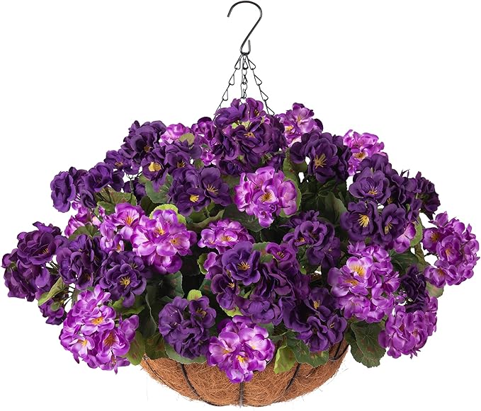 INSPRING Geraniums Artificial Flowers Hanging Basket for Outdoors Outside Spring Decoration, 8 Bundles Silk Flowers Fake Plants Look Real UV Resistant for Porch Home Patio Balcony Yard, Double Purple