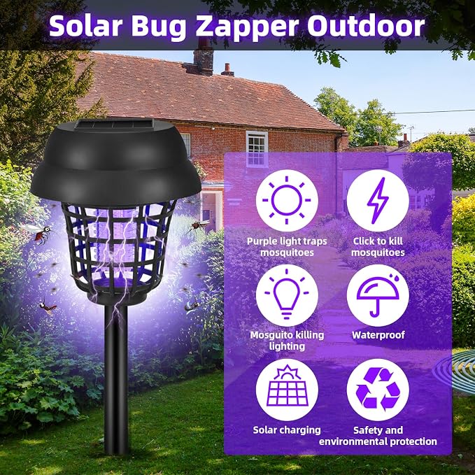 4 Pack Solar Bug Zapper Outdoor Waterproof Solar Powered Mosquito Zapper Repellent Outdoor Patio,Cordless & Auto On/Off Purple White Light Small Fly Insect Zappers for Garden Backyard