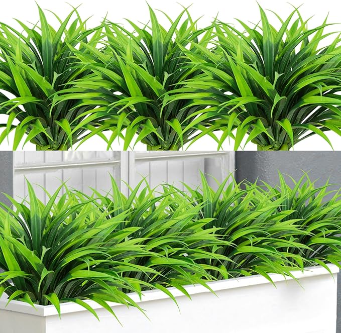 Ouddy Decor 20 Pcs Fake Outdoor Plants Artificial Grass Greenery Stems Faux Plastic Plants UV Resistant for Spring Summer Indoor Outside Garden Hanging Planter Porch Window Box Home Decor, Green