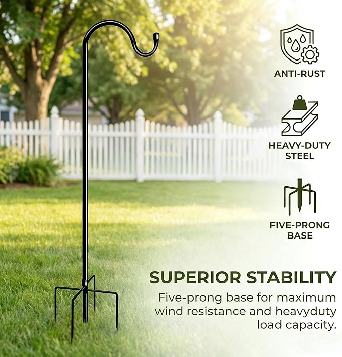 46 Inch Outdoor Rustproof Shepherd Hook, Metal Garden Hanging Hook for Bird Feeders, Plant Baskets, Lanterns, Wind Chimes, Yard Patio Lawn Decor 1 Pack