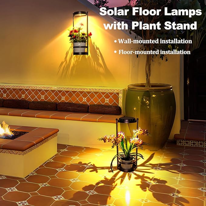 Solar Floor Lamps with Plant Stand, 3 Color Temperatures Solar Lights Outdoor Patio Decor, Solar Wall Sconce Shelf Planter Outdoor Waterproof, Solar Outdoor Lights for Yard Porch Patio Decor (Black)