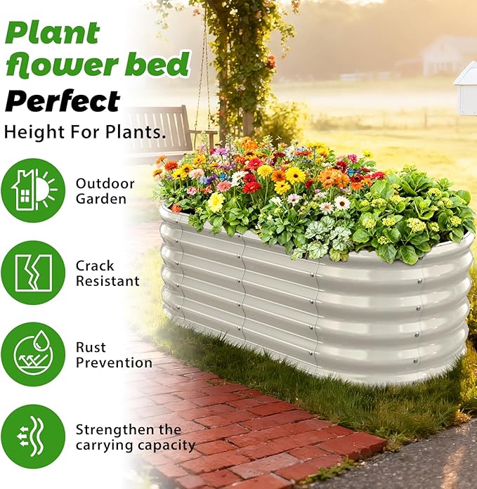 YSEJOMP 17" Tall Outdoor Garden Raised Garden Bed Kits, 4ft X 2ft Oval,0.8MM Thick Metal Raised Planter Bed/Ground Planter Box for Variety of Flowers,Herbs,Vegetables (Cream White, 48X24X16.5 Inches)