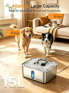 SIBAYS 4Gal/15L Dog Water Fountain for Large Dogs, Stainless Steel Large Pet Water Fountain, Ultra Quiet Automatic Dog Water Bowl Dispenser with Water Level Window and LED Light(FS78, Silver-Grey)