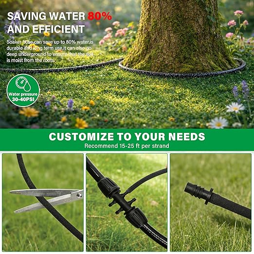 MIXC 80% Water-Saving Soaker Hose – 1/4" x 100 Ft Drip Irrigation Tubing for Garden, Lawn, Flower Beds & Vegetable Rows, with 1/4" Drip Fittings Included