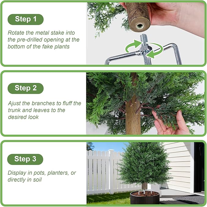 27'' Artificial Topiary Plants for Outdoor 2 Pack Artificial Topiary Trees with Stable Metal Ground Spike Fake Bushes Shrubs for Outside Garden Front Porch Landscape Walkway, Green Eucalyptus