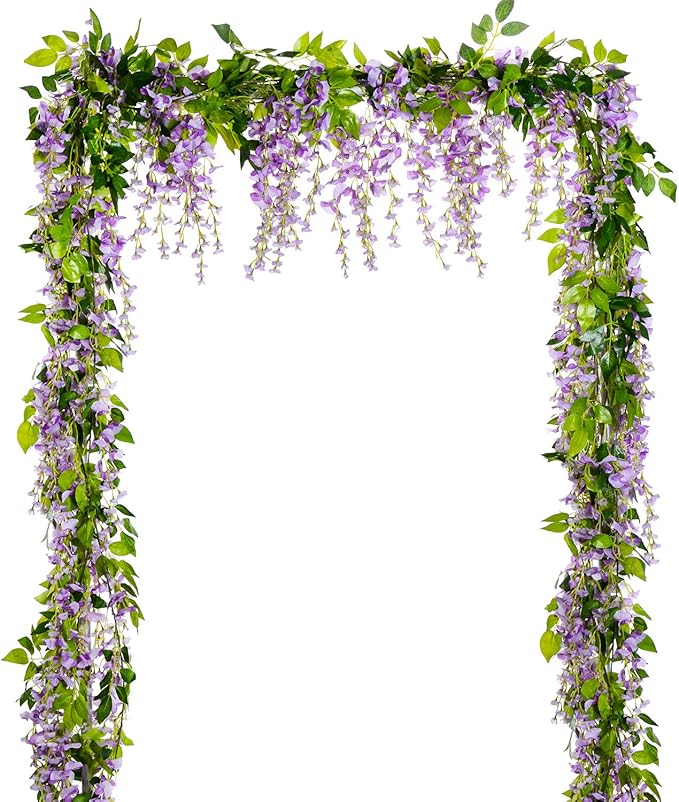 Lvydec Wisteria Artificial Flowers Garland, 4 Pcs Total 28.8ft Artificial Wisteria Vine Silk Hanging Flower for Home Garden Outdoor Ceremony Wedding Arch Floral Decor (Light Purple)