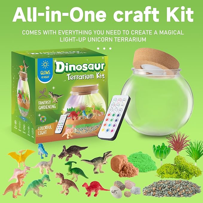 JOYEEMAX Dinosaur Light-Up Terrarium Kit for Kids - LED Night Light Birthday Gift for Boys Ages 4 5 6 7 8-12 Year Old - Dinosaur Toys for Boys - DIY Arts and Crafts Kit for Kids